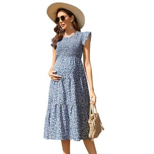 Maternity Short Sleeve Smocked Summer Dress Crew Neck Casual Midi Dress Baby Shower Photoshoot - 1 of 4