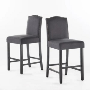Set of 2, 27" Upholstered Counter Height Barstools with Nailhead Trim-Gray - 1 of 4