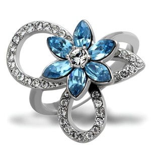 Slickblue High Polished Stainless Steel Ring with Sea Blue Flower Design, Clear Crystal Accents, Women's Ring, Size 5-10 - 1 of 4