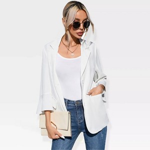 Womens 3/4 Sleeve Casual Blazer Lightweight Jacket with Ruffle Sleeve Open Front Plaid Longline Blazer Jacket Notched Lapel Womens Blazer Cardigan - 1 of 4
