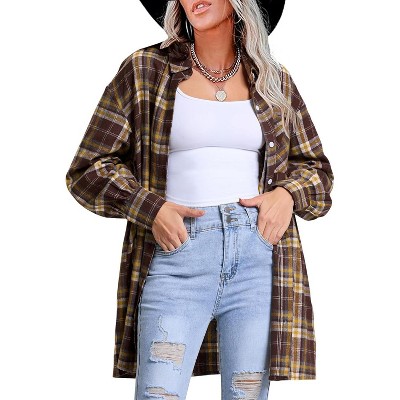 EXLURA Womens Plaid Flannel Shacket Long Sleeve Button Down Shirts Long Jackets Oversized Fall Fashion Outfits