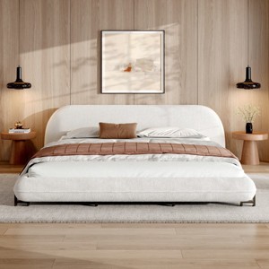 Upholstered Platform Bed with Thick Curved Headboard, Boucle Fabric Wooden Frame Bed for Bedroom-Baofuwish - 1 of 4