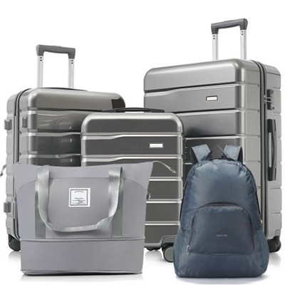 BEAFUP 5 Piece Luggage Set with Expandable Duffel Bag & Foldable Backpack – 20"/24"/28" Suitcases with 360° Spinner Wheels, TSA Lock, Grey