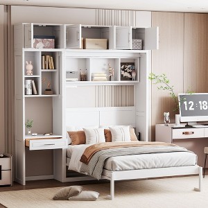 Full/Queen Size Wall Murphy Bed Space Saving Foldable Bed with Desk, Top Cabinet and Storage Shelves, White/Gray-ModernLuxe - 1 of 4