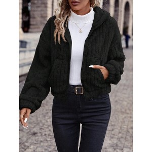 Women's Double-Sided Fleece Hooded Zip Up Jacket Pocket Coat - 1 of 4
