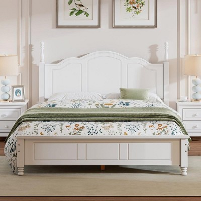 Streamdale Queen Size Wood Platform Bed Frame,Retro Style Platform Bed with Wooden Slat Support,White