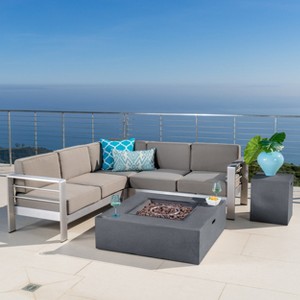Cape Coral 5pc V-Shaped Sofa Set with Fire Table - Dark Gray/ Khaki - Christopher Knight Home: Weather-Resistant Aluminum Frame Patio Set - 1 of 4