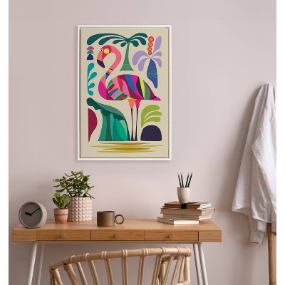Colorful Mid-Century Modern Flamingo Canvas Art in White Frame