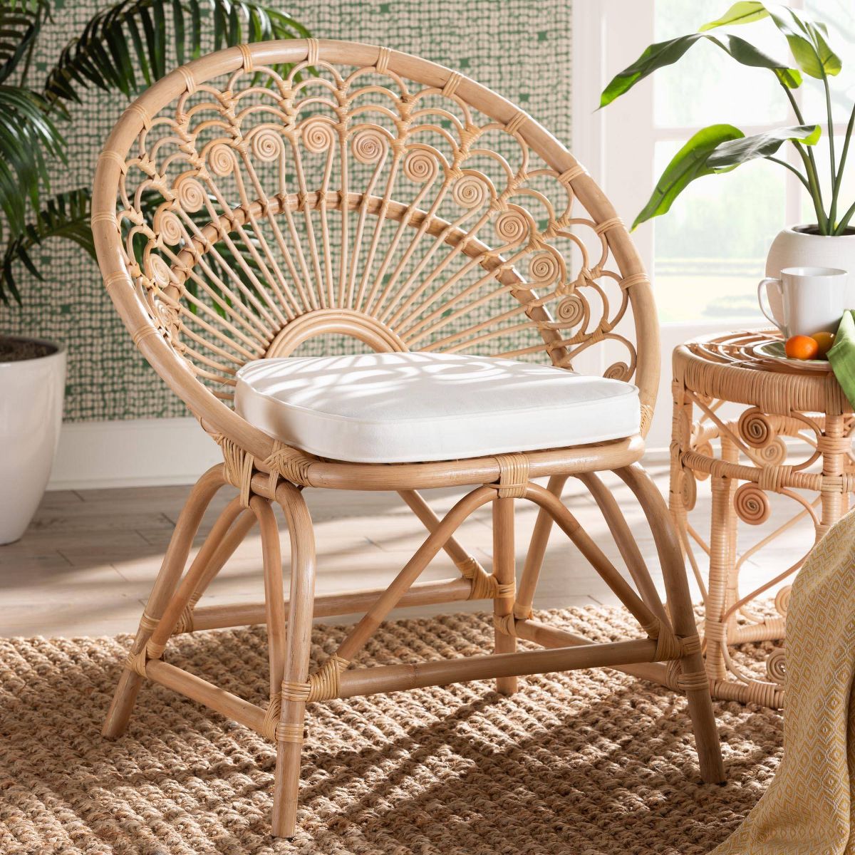 bali & pari Abriella Rattan Peacock Accent Chair Natural Brown: Handcrafted, Bohemian Design, No Assembly Required