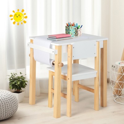 White and Natural Wooden Kids Art Table and Chair Set with Paper Roll