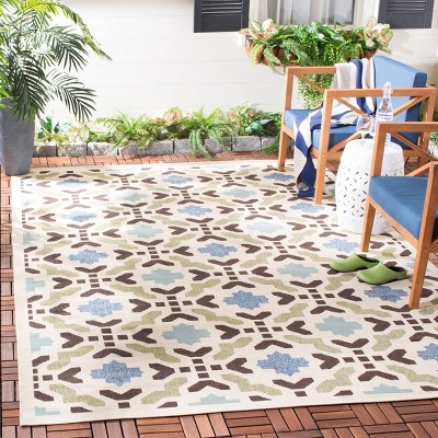 Aqua and Cream Geometric Synthetic Indoor/Outdoor Area Rug