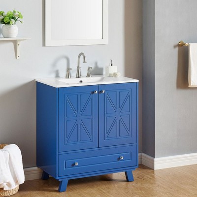 KTMBDW Bathroom Vanity with Ceramic Sink, Wooden Double Door Bathroom Storage Vanity with 30 Inch, Small Quick Assembly Bathroom Cabinet, Blue