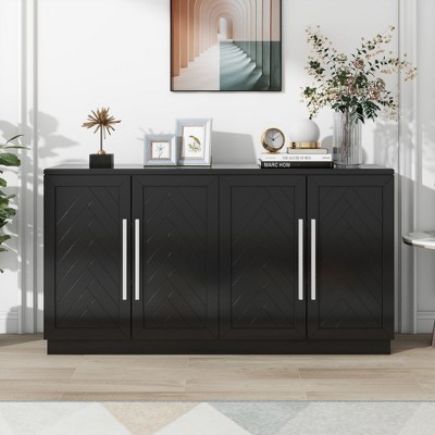 ORRD Black 4-Door Sideboard Buffet with Adjustable Shelves & Silver Handles, Large Storage Cabinet for Kitchen, Dining & Living Room