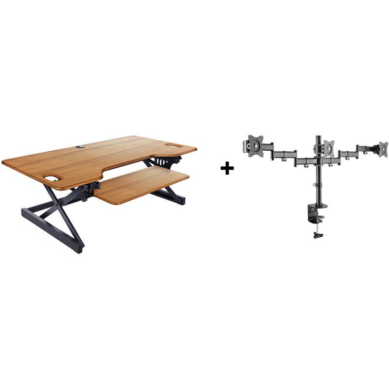 46in Large Adjustable Standing Desk Converter/Triple Monitor Mount Bundle - Teak - Rocelco, 1 of 8