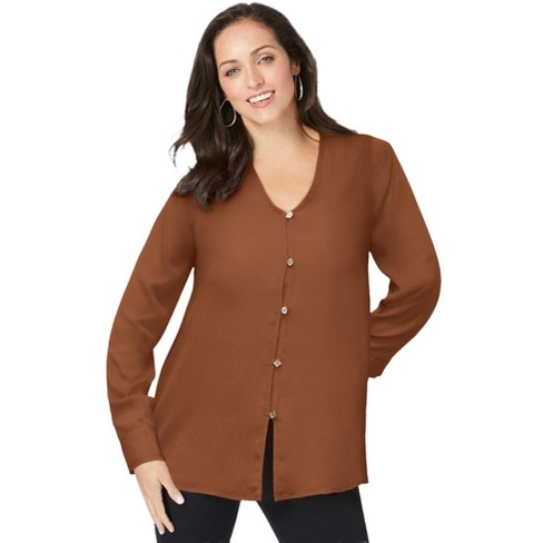 Jessica London Women's Plus Size V-neck Blouse - 14 W, Cognac : Target