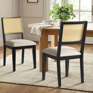 Dining Chairs, Mid Century Upholstered Dining Chairs, Rattan Back Chairs with Black Frame for Kitchen or Dining Room-Tanpinhause - 1 of 4