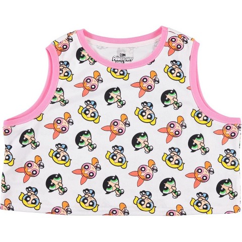 The Powerpuff Girls Ladies Powerpuff Girls Classic Shirt - Powerpuff Mesh Tank Top - Blossom Bubble and Buttercup Tank (White Pink, Large)