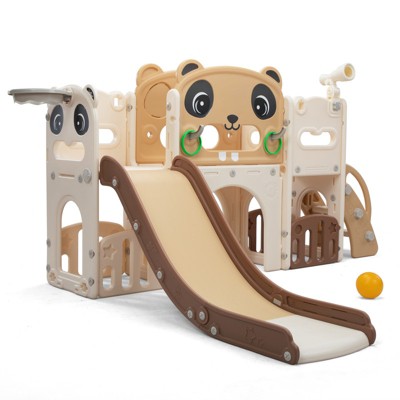 Infurnic Baby Activity Gyms 9-in-1 Panda Large Set Slide for 3-6 Years Old, Indoor Kids Playground, Multicolored, 83.07"*63"*39.57"