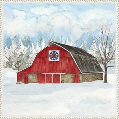 Winter Barn Quilt IV Red Barn Scenic Canvas Wall Art
