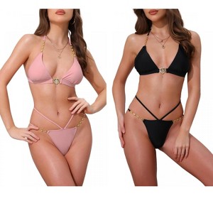 INSPIRE CHIC Women's Heart Rhinestones Chain-Linked Halter Top Triangle Bottoms Swimwear Bathing Bikini Suits 2 Sets - 1 of 4