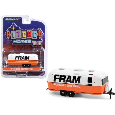 1971 Airstream Land Yacht Safari Travel Trailer White & Orange "FRAM Oil Filters" Hitched Homes 1/64 Diecast Model by Greenlight