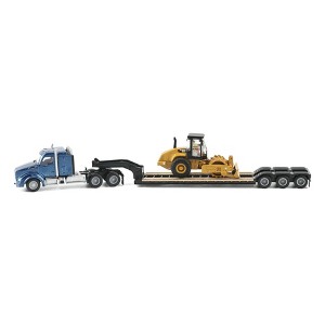 Diecast Masters 1/87 Blue Kenworth T880 Semi Truck with Lowboy Trailer & CAT Padfoot Roller 84424 - 1 of 4