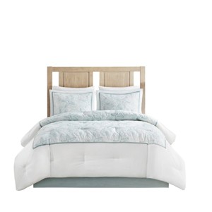 Gulches Series White Green Coastal Beach Themed 200TC Cotton with Poly Fill King 4 Piece Comforter Set with Bed Skirt Blanket - 1 of 4