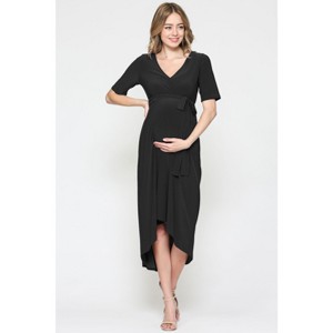 Hello Miz Women's Hi-Low Short Sleeve V Neck Maternity Wrap Dress with Belt - 1 of 4