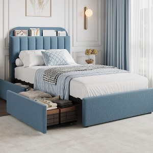Twin/ Full/ Queen Bed Frame with Storage Headboard, Kids Bed Frame w/ 2 Drawers, Boucle Upholstered Platform Bed w/ Bookcase, No Box Spring Needed - 1 of 4