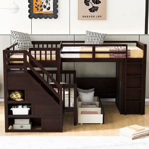 Grungis Twin Over Full L-Shaped Loft Bed with 3 Drawers and Portable Desk,Bunk Bed with Ladder and Wardrobe,Loft and Bunk Bed for Bedroom - 1 of 4