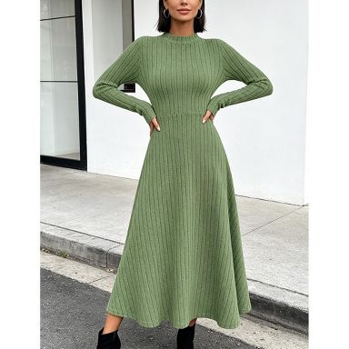 YESFASHION Women Mock Neck Vertical Rib Knit Long Sleeve Swing Midi Stretch Casual Dress,XXL,Army green