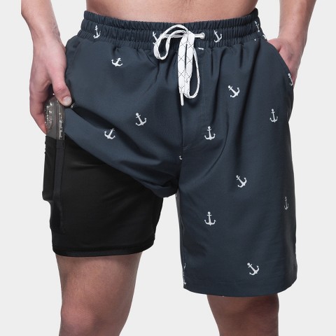 Мужские шорты Rokka&Rolla Men's 7'' Stretch Swim Shorts with Compression Liner-Navy Ankor, size Medium