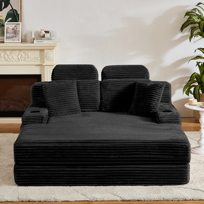 Dolonm 66.5" Chaise Lounge Chair indoor, Deep Seated Armchair Lounge Chair Compressed Sofa, Convertible Floor Bed,With Cup Holder and Side Pockets
