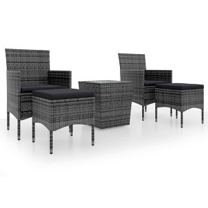 vidaXL 5-Piece Patio Bistro Set - Poly Rattan/Tempered Glass - Gray Outdoor Dining Furniture - Includes Cushions/Footrests - Weather Resistant - 1 of 4