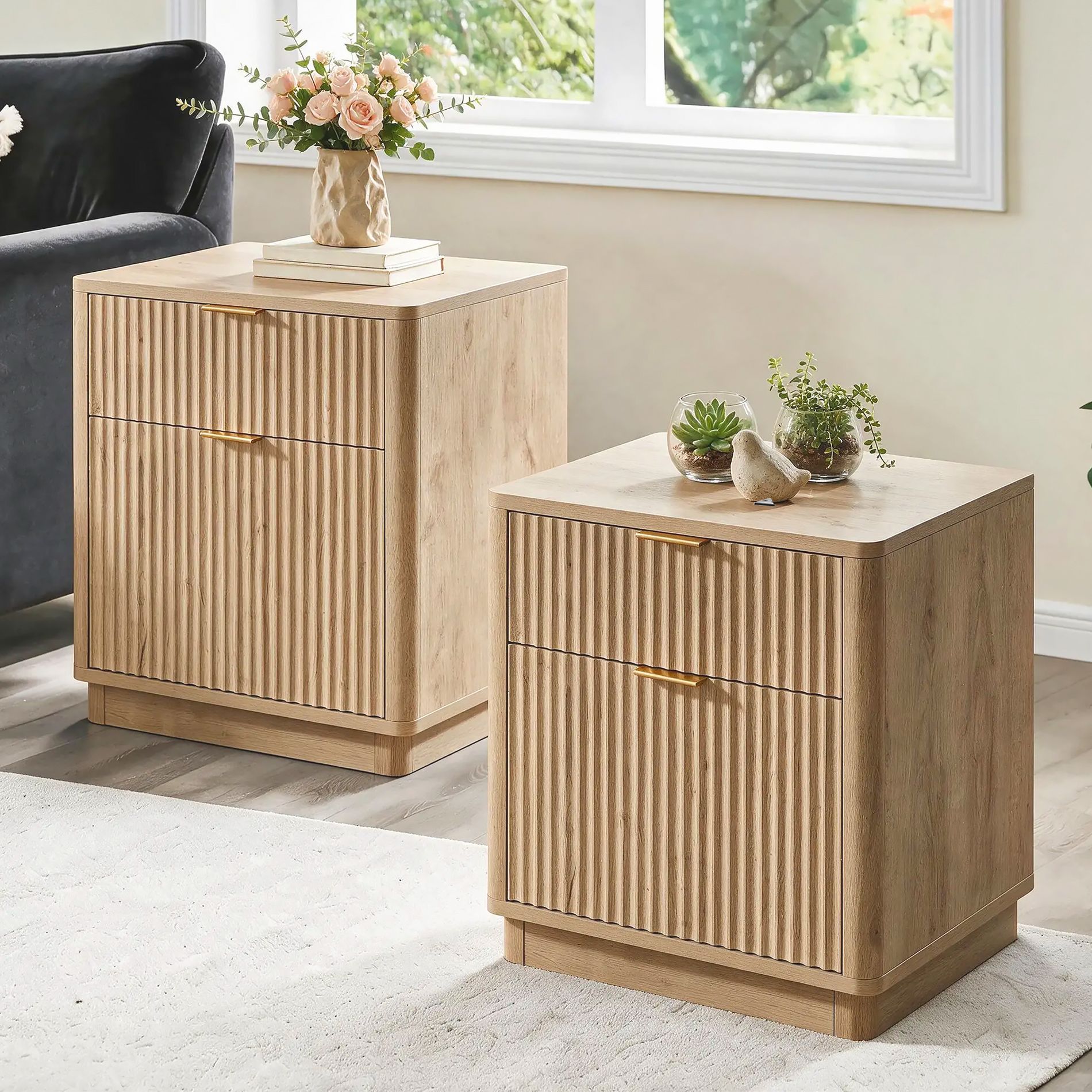 Nightstand Set of 2 with Charging Station, 23'' Fluted Bedside Table with 2 Drawers Storage, End Table for Living Room, Bedroom, Natural