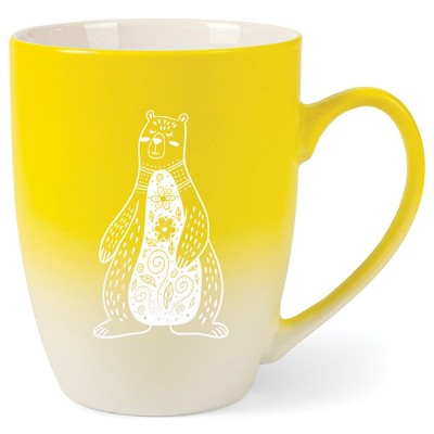 Elanze Designs 12 Ounce Two Toned Ombre Ceramic Tea Coffee Cup Mug Yellow White Whimsical Floral Bear