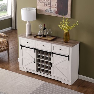 YOOCOZZ 58" Farmhouse Rustic Wine Coffee Bar Cabinet with Sliding Barn Door Wine Glass Rack 3 Drawers Storage Shelves - Antique White - 1 of 4