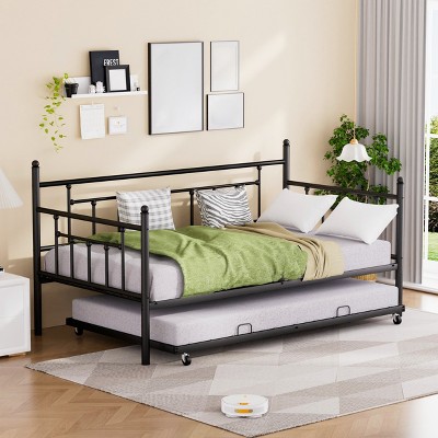 Twin Size Daybed with Trundle, Metal Sofa Bed Frame with Pull Out Bed, Metal Slats Platform, Single Daybed for Bedroom Living Room Guest Room