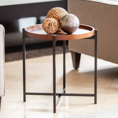 Mid-Century Modern Round Walnut Wood and Black Metal Side Table