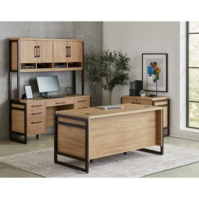 Mason Light Brown Wood Executive Desk with Hutch and Filing Cabinet