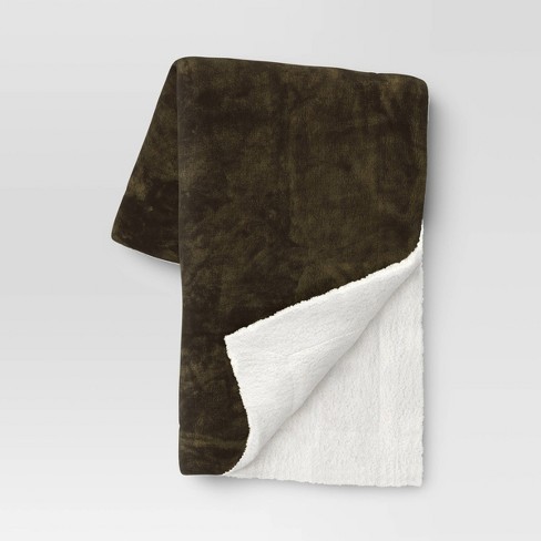 Solid Printed Plush with Shearling Reverse Throw Blanket Green Threshold