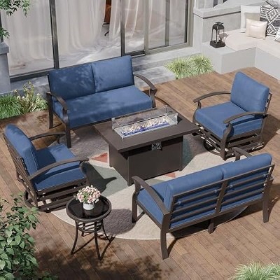 ALAULM Aluminum Patio Furniture Set Modern Metal Outdoor Conversation Sets w/45in Propane Fire Pit Table, Swivel Rocking Chairs w/5.1 Inch Cushion