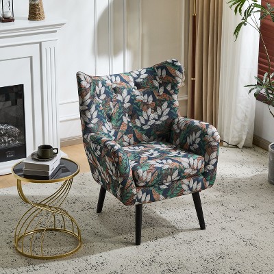 CAVINAS Button-Tufted Accent Chair with Oak Wood Legs,Plush Granular Velvet Upholstered Armchair,Lounge Chair for Living Room,Bedroom
