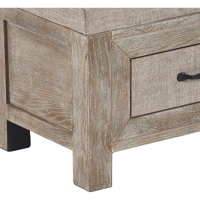 Weathered Ash Cottage-Inspired Upholstered Storage Bench with Black Metal Accents