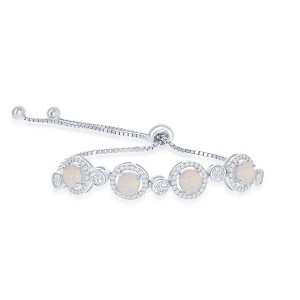 Opalata Sterling Silver Alternating Bezel-Set CZ & White Opal with CZ Border Bolo Bracelet - White - 10 Inch - 1 of 2
