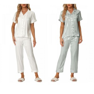 INSPIRE CHIC Women's 4 Pcs Satin Short-Sleeve Button-Up Sleepwear & Long-Pants Pajama Set - 1 of 4