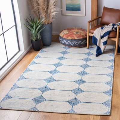 Ivory and Blue Handmade Abstract Wool Rug, 4' x 6'