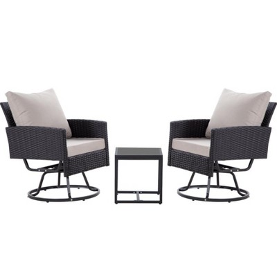 Anybear 3PC Black Wicker Rattan Swivel Chairs with Coffee Table Outdoor Seating Set