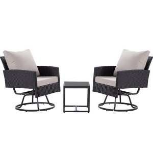 Anybear 3PC Black Wicker Rattan Swivel Chairs with Coffee Table Outdoor Seating Set - 1 of 4