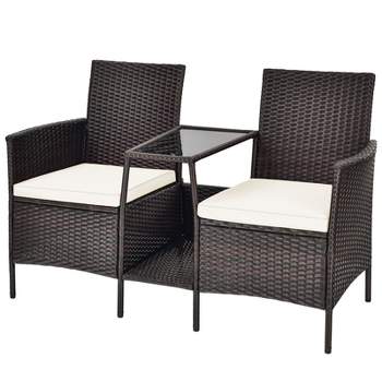 Tangkula Patio Loveseat 2 Person Cushioned Seats With Center Table Outdoor Rattan Furniture Set Turquoise/ Red